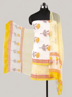 White Yellow Coral Hand Block Printed Cotton Suit-Salwar Fabric With Chiffon Dupatta (Set of 3) - SU01HB424