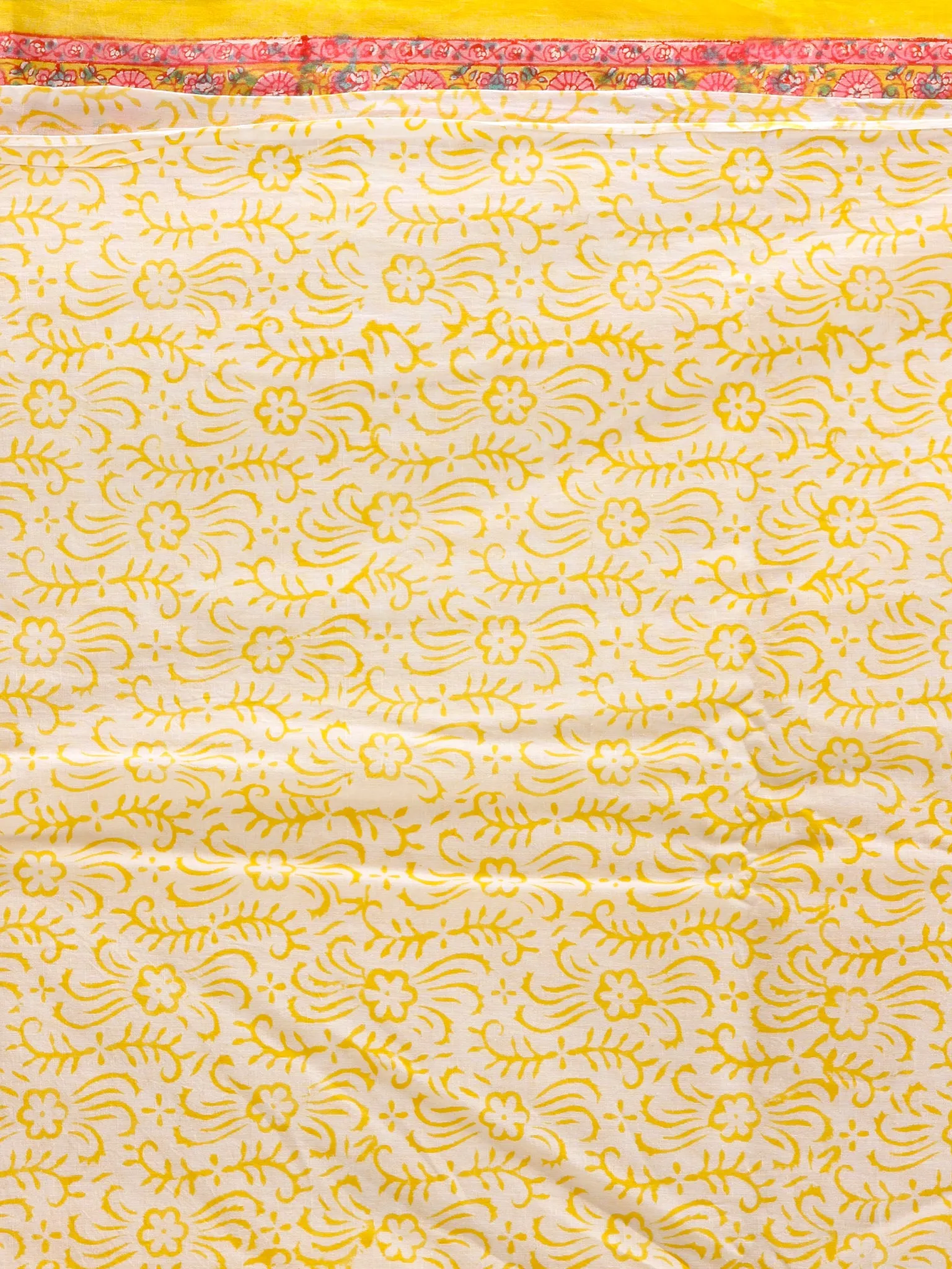 White Yellow Coral Hand Block Printed Cotton Suit-Salwar Fabric With Chiffon Dupatta (Set of 3) - SU01HB424