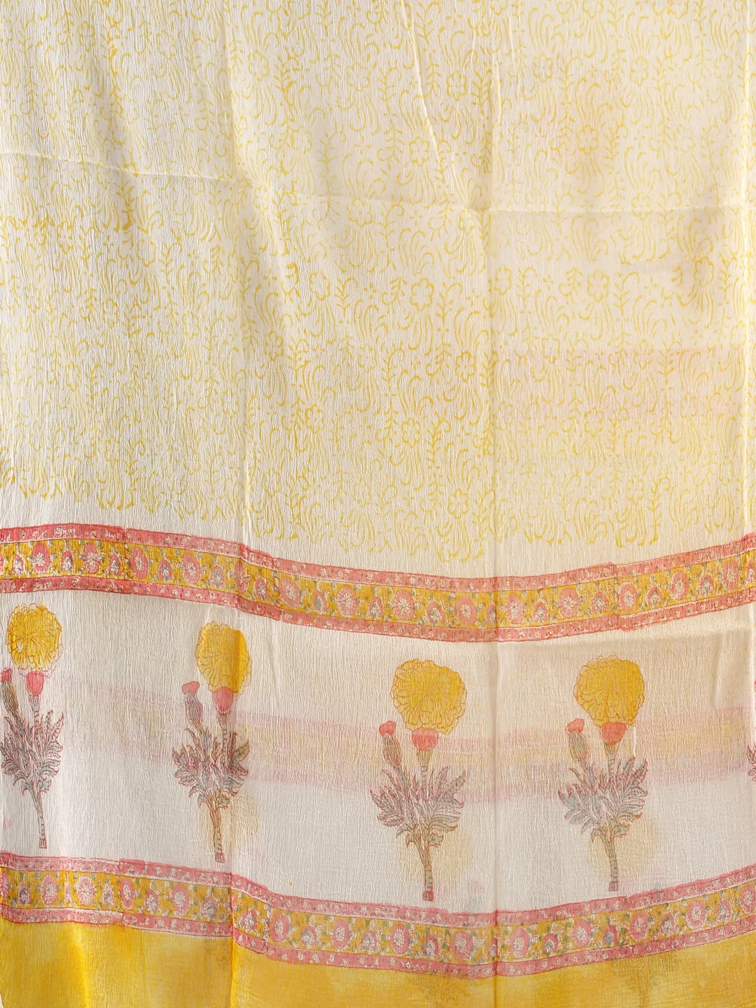 White Yellow Coral Hand Block Printed Cotton Suit-Salwar Fabric With Chiffon Dupatta (Set of 3) - SU01HB424