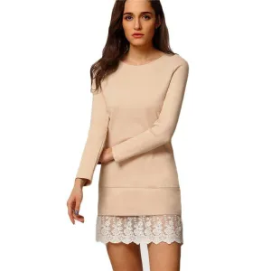 Women Fashion Mini Dresses Elegant Ladies Long Sleeve Round Neck Contrast Lace Embroidered Flounce Shift Dress