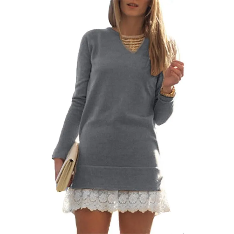 Women Fashion Mini Dresses Elegant Ladies Long Sleeve Round Neck Contrast Lace Embroidered Flounce Shift Dress