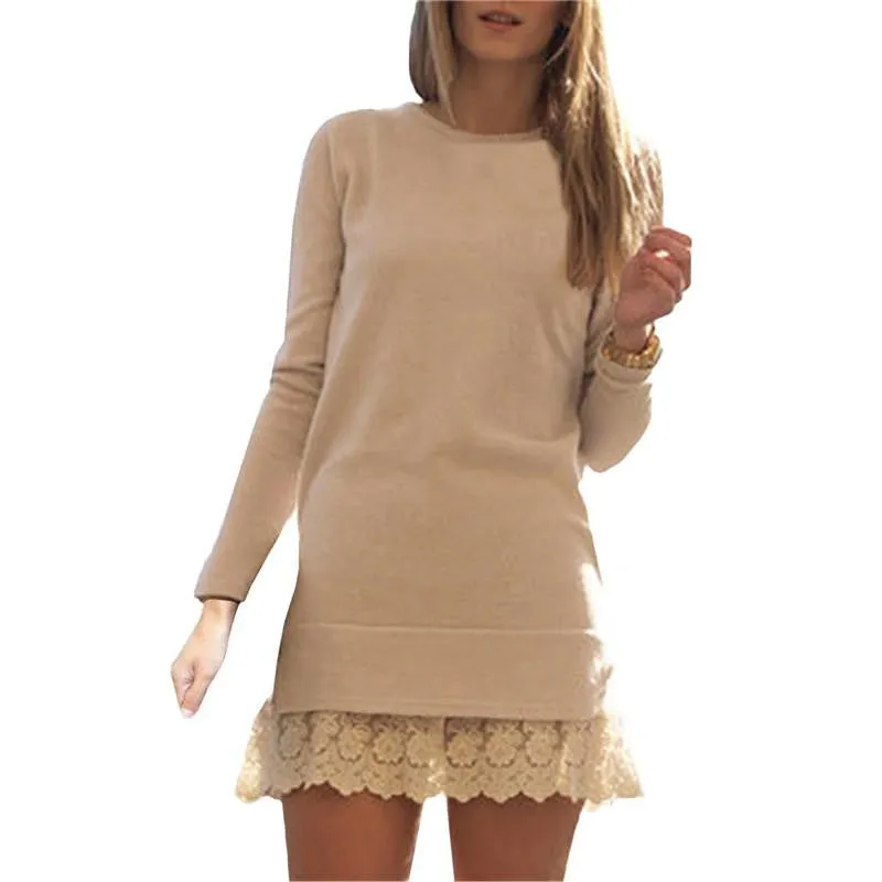 Women Fashion Mini Dresses Elegant Ladies Long Sleeve Round Neck Contrast Lace Embroidered Flounce Shift Dress