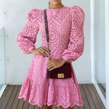 Women Long Sleeve Hollow Out Elegant Dress