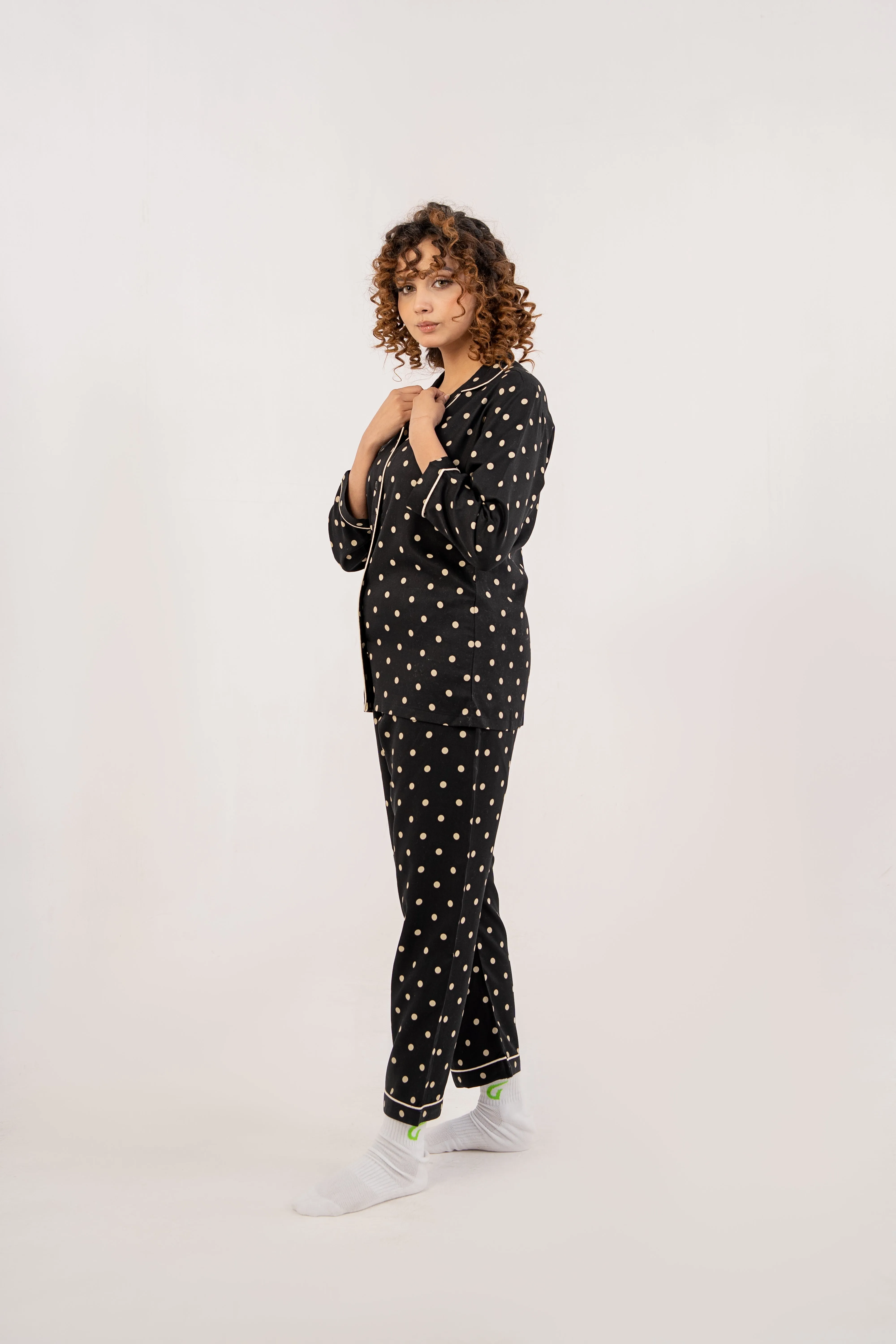 Women Night Suit Black Polka Dot Deign