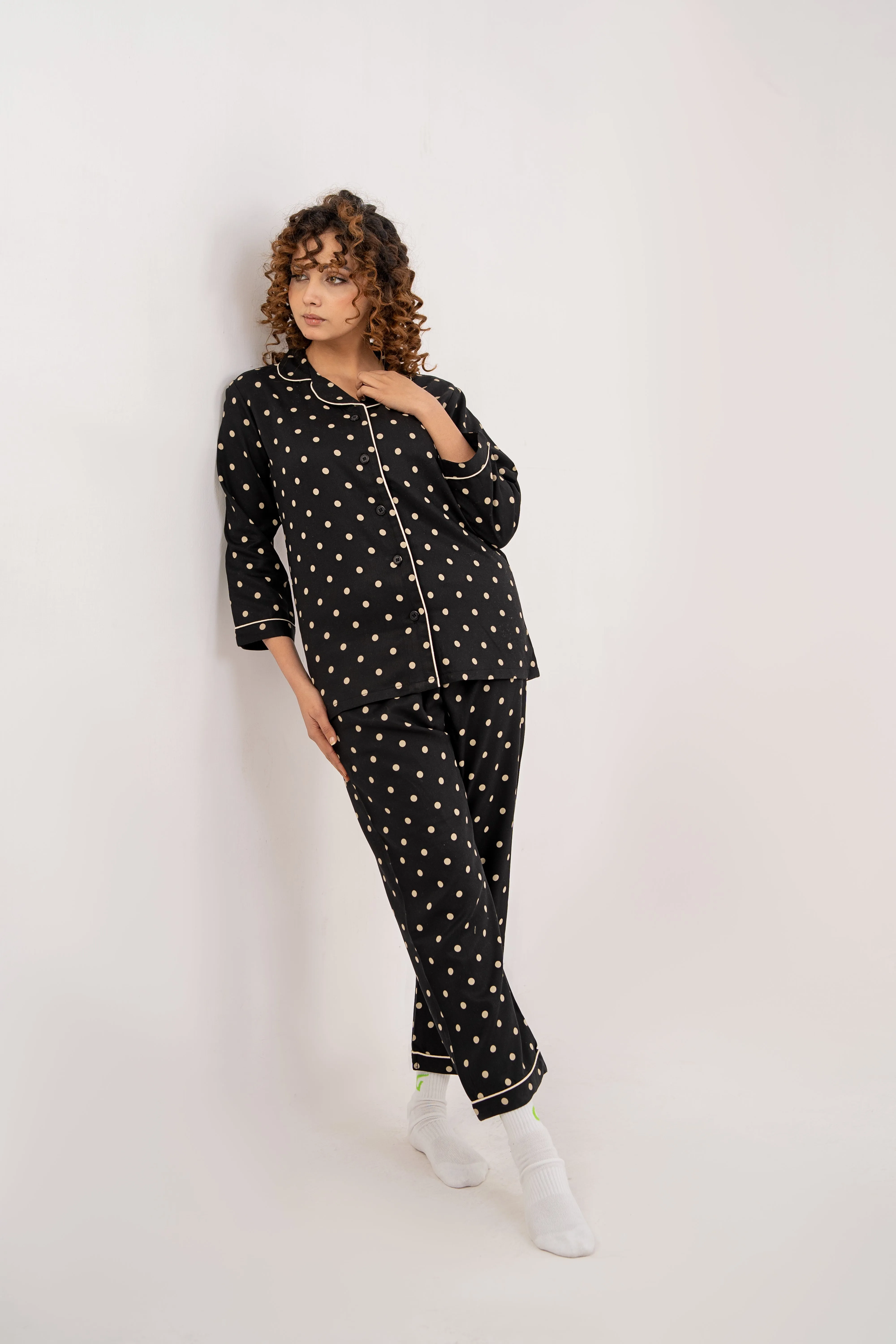 Women Night Suit Black Polka Dot Deign