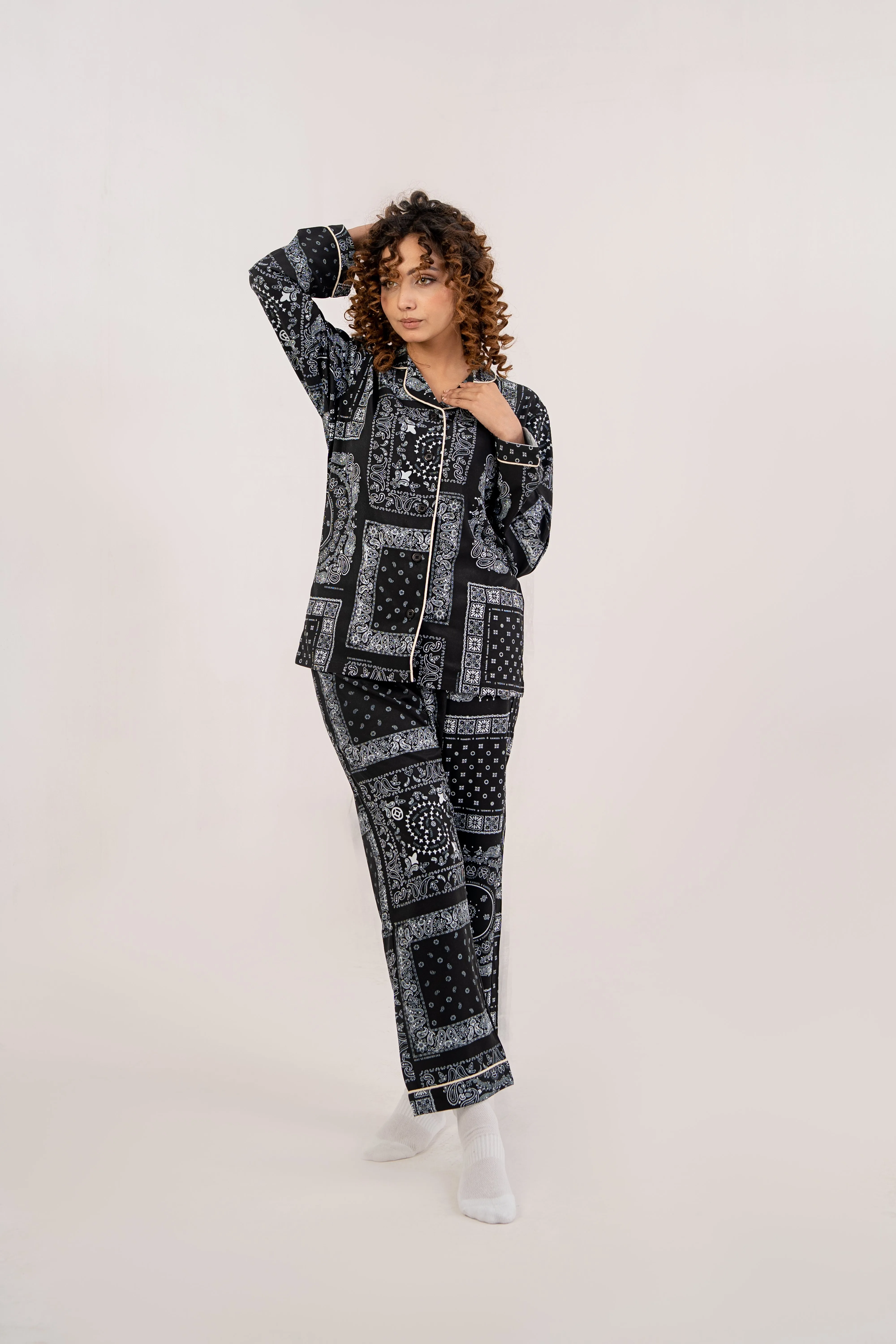Women Night Suit Black Printed