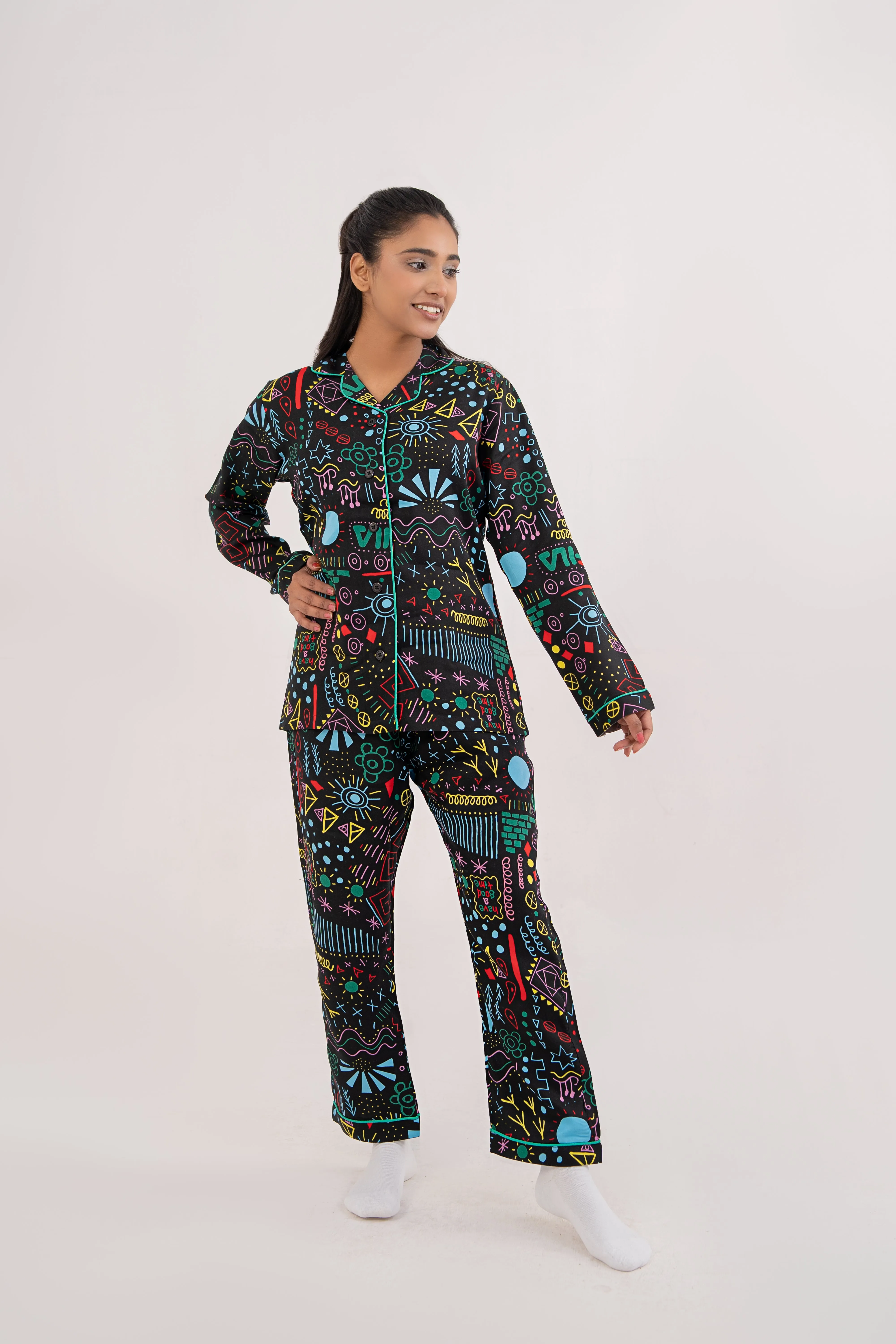 Women Night Suit Multi Color Printed