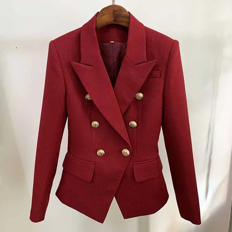 Women's Golden Lion Buttons Fitted Blazer Jacket Dark Red