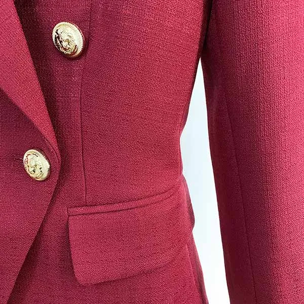 Women's Golden Lion Buttons Fitted Blazer Jacket Dark Red