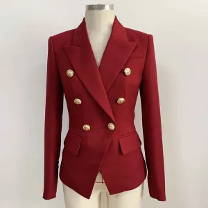 Women's Golden Lion Buttons Fitted Blazer Jacket Dark Red