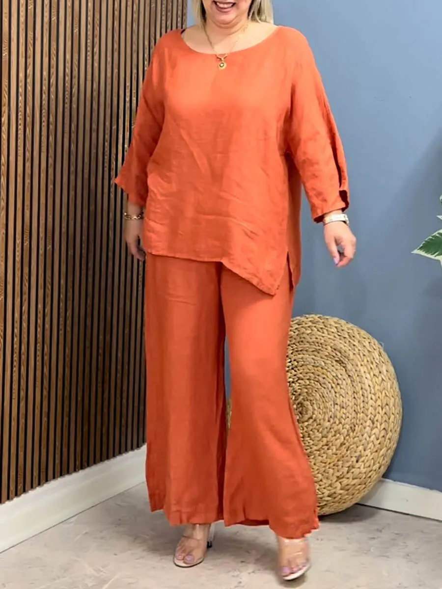 Women's Round Neck 3/4 Sleeve Loose Top Elastic Waist Casual Linen Wide Leg Pants Set