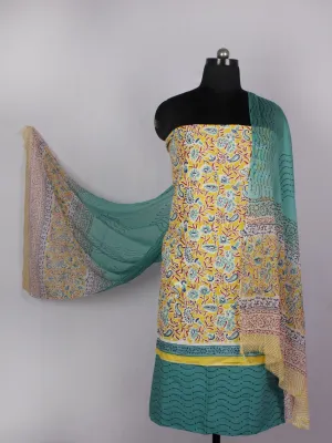 Yellow Teal Blue Maroon Hand Block Printed Cotton Suit-Salwar Fabric With Chiffon Dupatta - S16281229