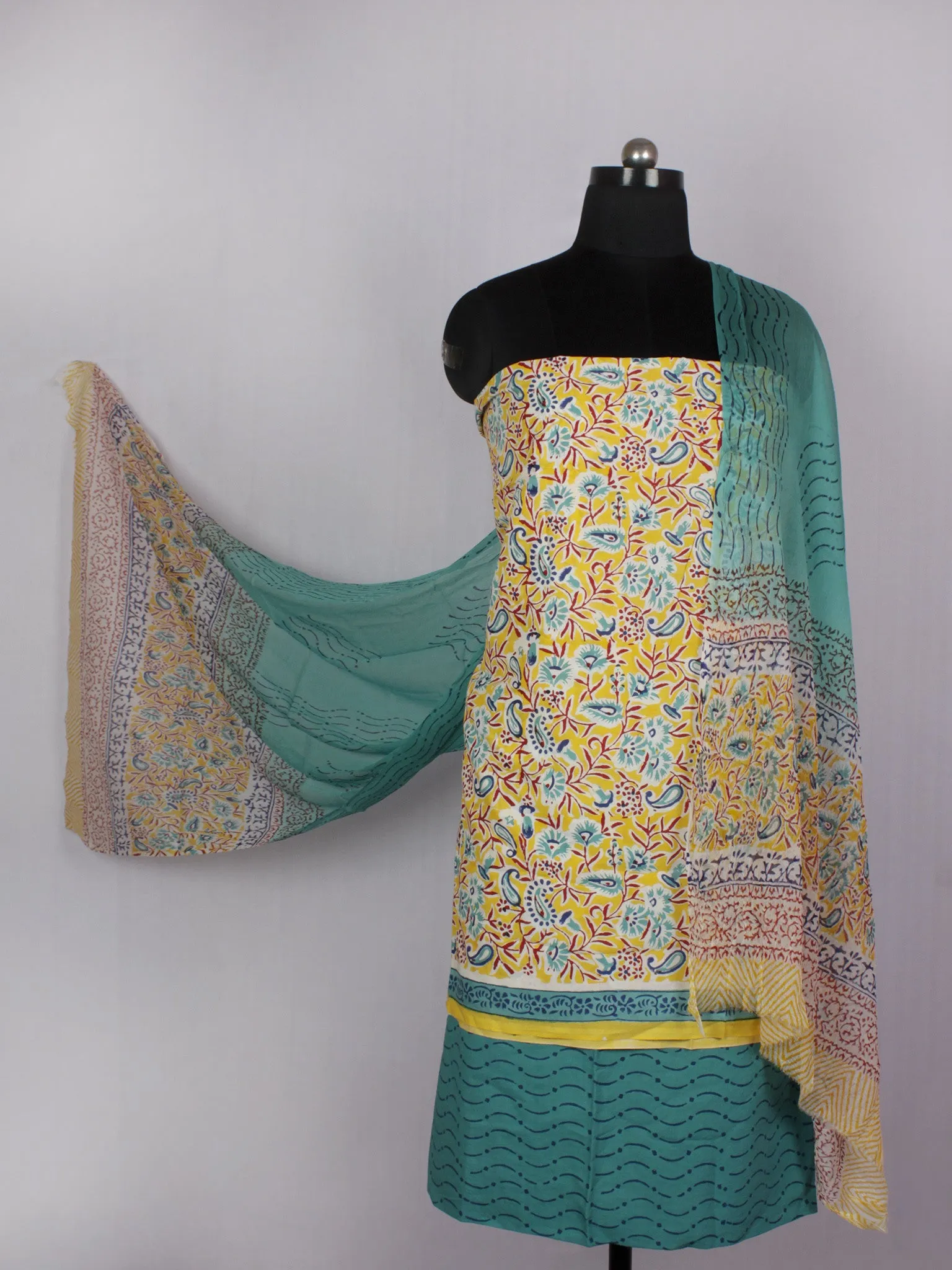 Yellow Teal Blue Maroon Hand Block Printed Cotton Suit-Salwar Fabric With Chiffon Dupatta - S16281229